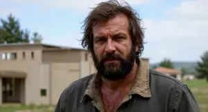 Uomo con barba e capelli lunghi davanti a un edificio moderno