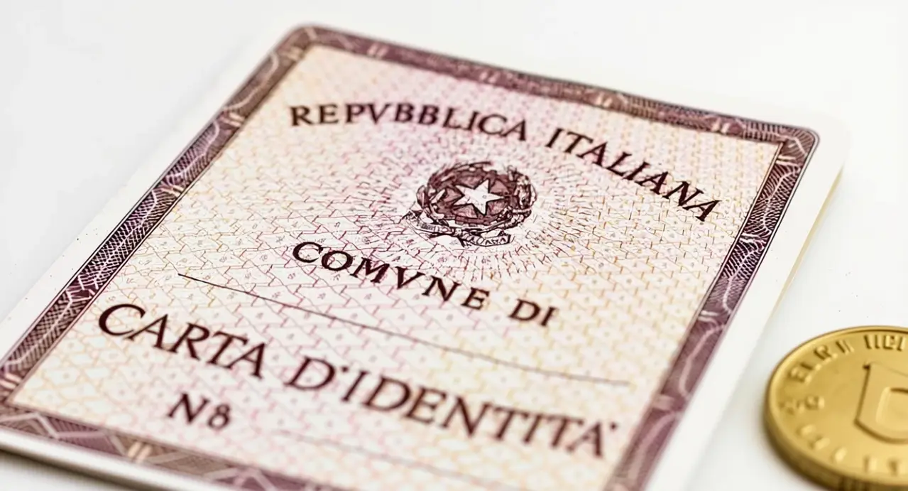 Primo piano di una carta d'identità cartacea italiana accanto a una moneta su sfondo bianco