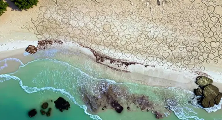 Cuori disegnati sulla sabbia lungo una spiaggia del Salento visti dall'alto