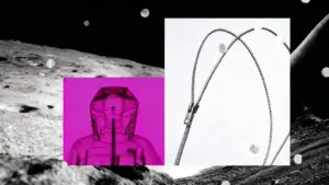 Dettaglio di una cerniera lampo e giacca tecnica su sfondo lunare stilizzato