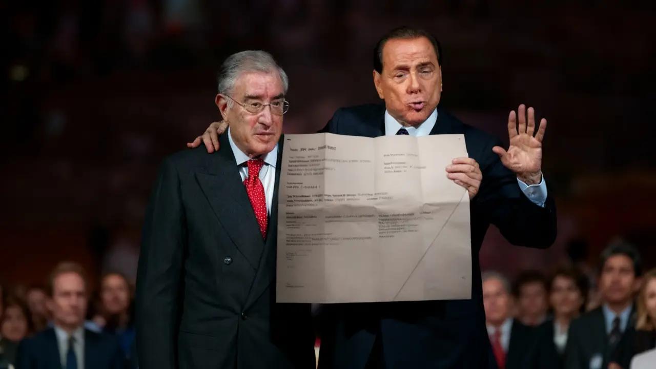 Due uomini in giacca e cravatta mostrano un foglio davanti a un pubblico.