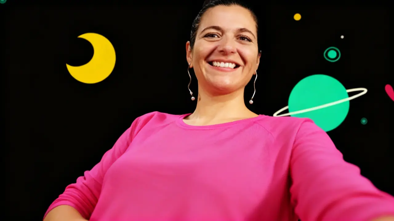 Persona che sorride con sfondo illustrato a tema spaziale, con pianeti e luna