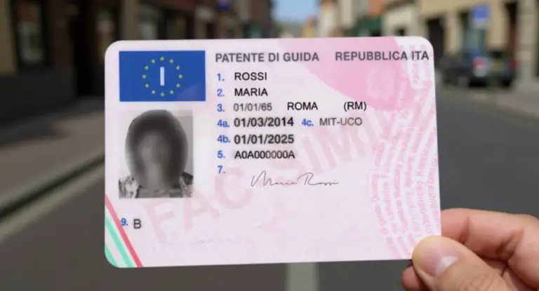Una mano tiene una patente di guida italiana su una strada urbana sfocata