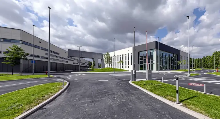 Edificio aziendale moderno in Lombardia con parcheggio e ingresso principale