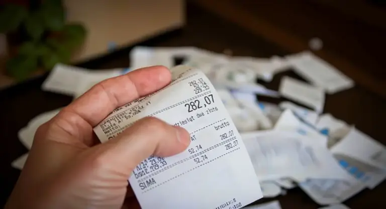 Persona che tiene in mano uno scontrino con altri scontrini sullo sfondo