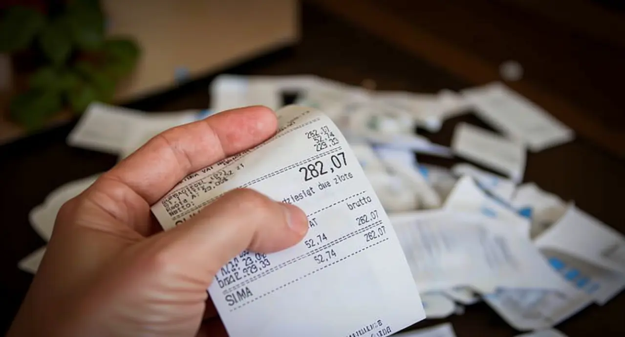 Persona che tiene in mano uno scontrino con altri scontrini sullo sfondo