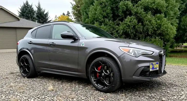Alfa Romeo Stelvio Quadrifoglio grigia parcheggiata su un vialetto ghiaioso