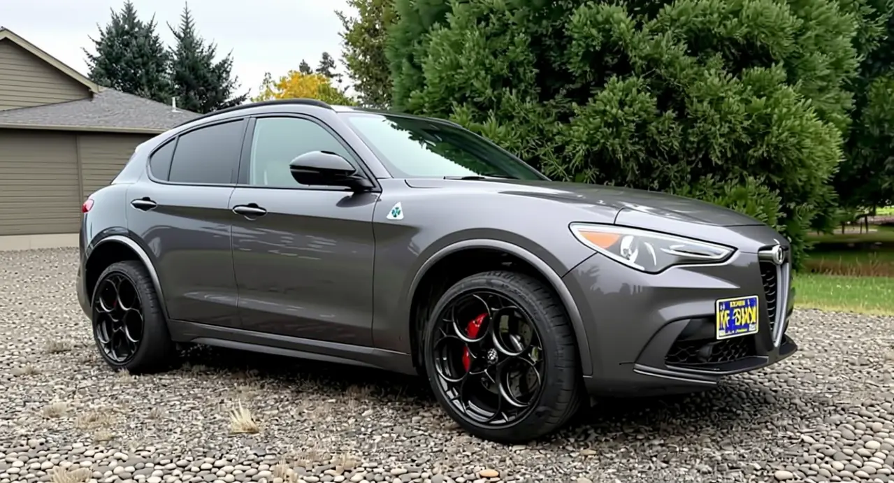 Alfa Romeo Stelvio Quadrifoglio grigia parcheggiata su un vialetto ghiaioso