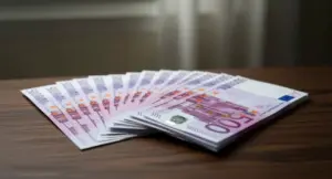 Mazzo di banconote da 500 euro disposte a ventaglio su un tavolo