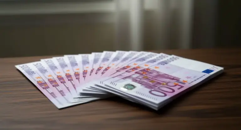 Mazzo di banconote da 500 euro disposte a ventaglio su un tavolo