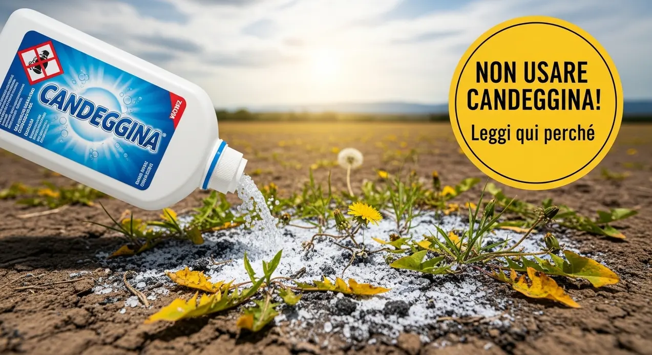 Candeggina versata su erbacce in un campo, simbolo dell’uso scorretto come diserbante