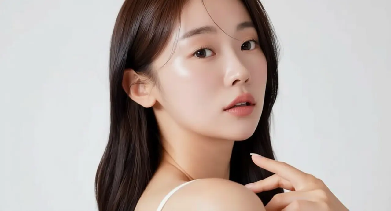 Donna con capelli lucenti e pelle luminosa su sfondo neutro