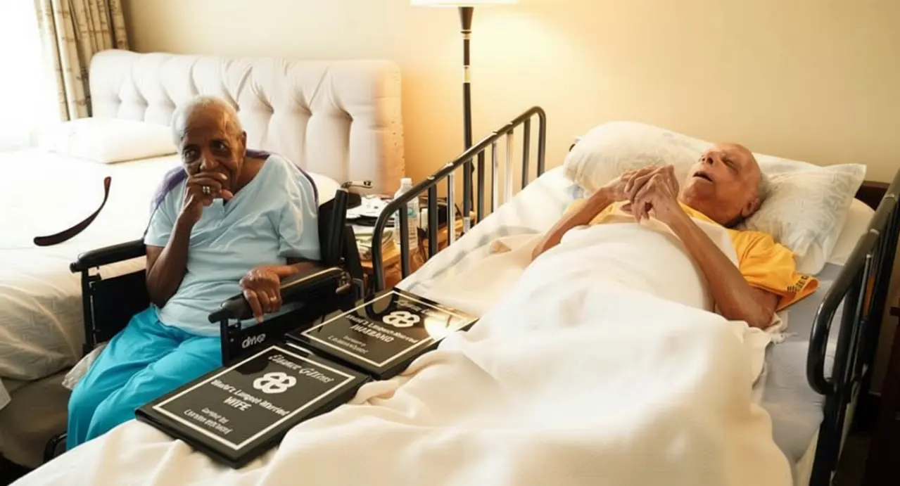 Due anziani in una stanza, uno a letto e l'altra in sedia a rotelle, circondati da targhe commemorative