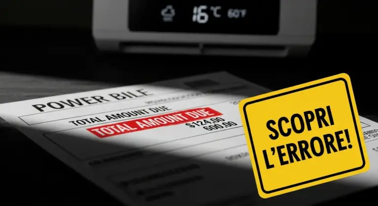 Bollette elettriche su un tavolo con un condizionatore acceso sullo sfondo