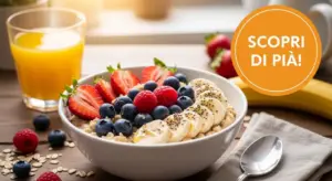 Ciotola di fiocchi d’avena con fragole, mirtilli, lamponi e banana a colazione