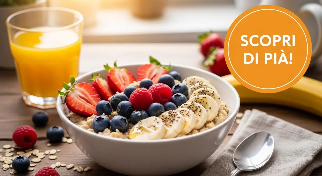 Ciotola di fiocchi d’avena con fragole, mirtilli, lamponi e banana a colazione