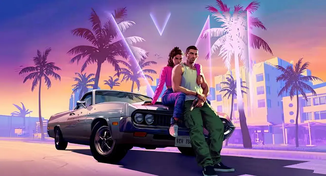 Due personaggi seduti su un'auto d'epoca con sfondo urbano al tramonto, in stile videogioco