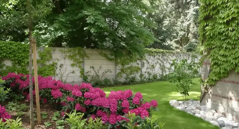 Giardino curato con piante ornamentali, fiori rosa e siepi verdi contro un muro bianco