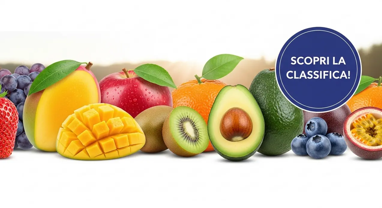 Varietà di frutti freschi tra cui mango, kiwi, avocado, mela, fragola e mirtilli su sfondo chiaro