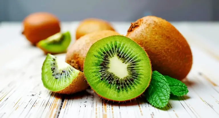 Kiwi freschi tagliati a metà su un tavolo con foglie di menta