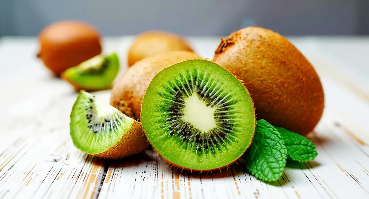 Kiwi freschi tagliati a metà su un tavolo con foglie di menta
