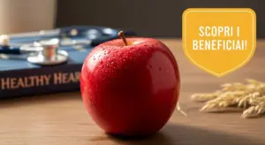 Mela rossa su un tavolo con stetoscopio e libro sulla salute cardiaca sullo sfondo