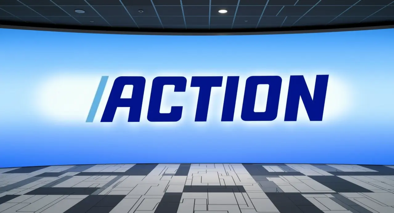 Logo del negozio Action su sfondo blu in un ambiente moderno