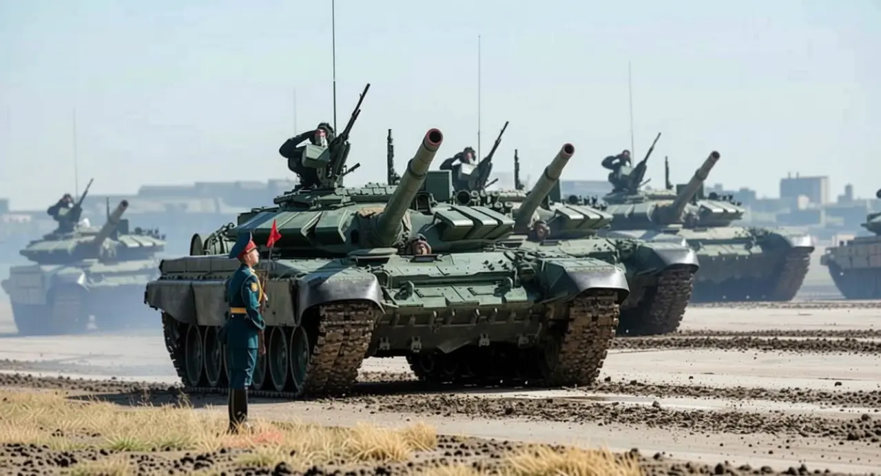 Carri armati in movimento durante una parata militare con un soldato in piedi davanti