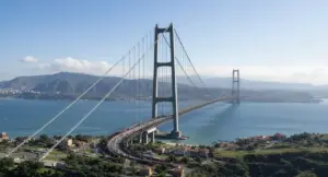 Rendering del Ponte sullo Stretto che collega le due sponde tra Sicilia e Calabria