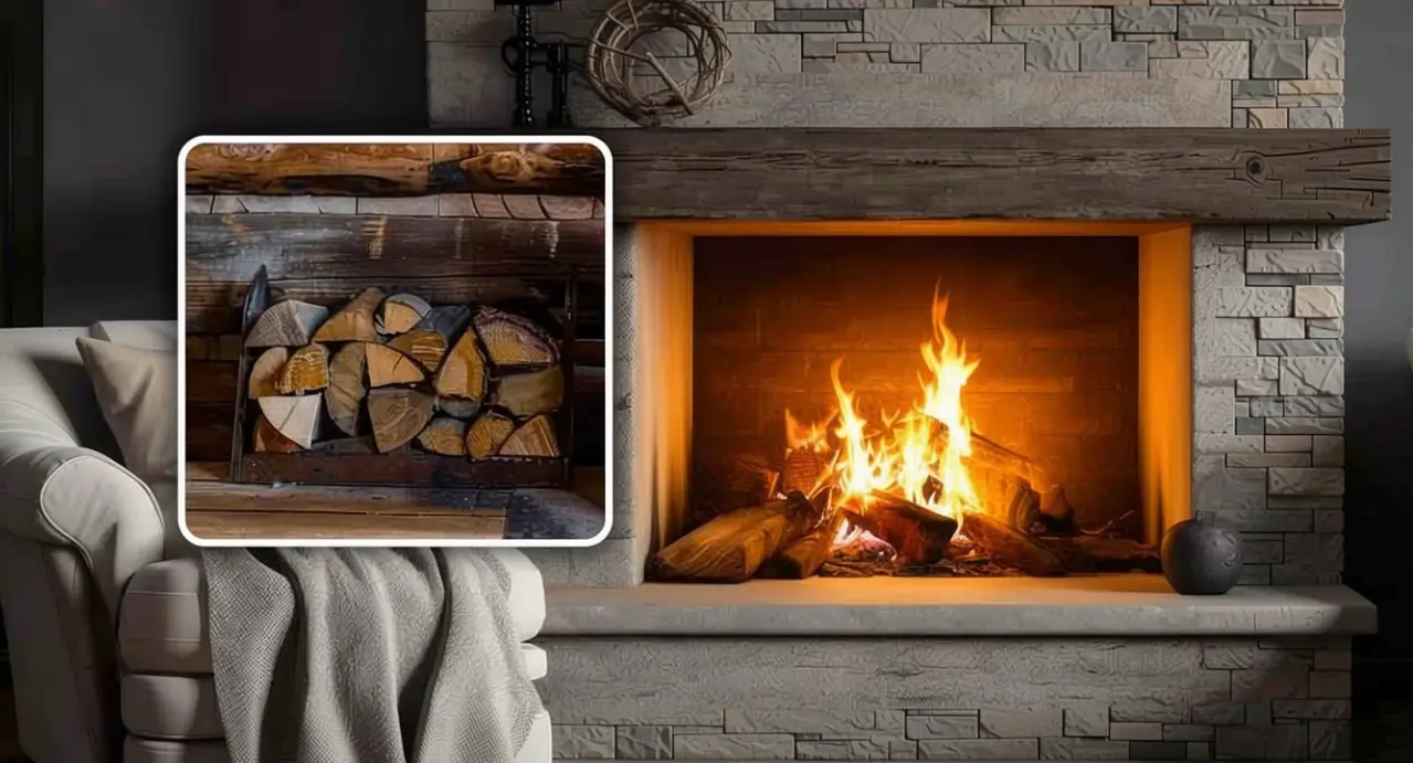 Camino acceso con legna che brucia e cesta di legna accatastata in un soggiorno