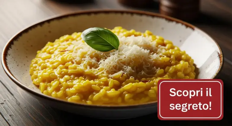 Risotto alla milanese cremoso servito in un piatto fondo con formaggio grattugiato e foglia di basilico