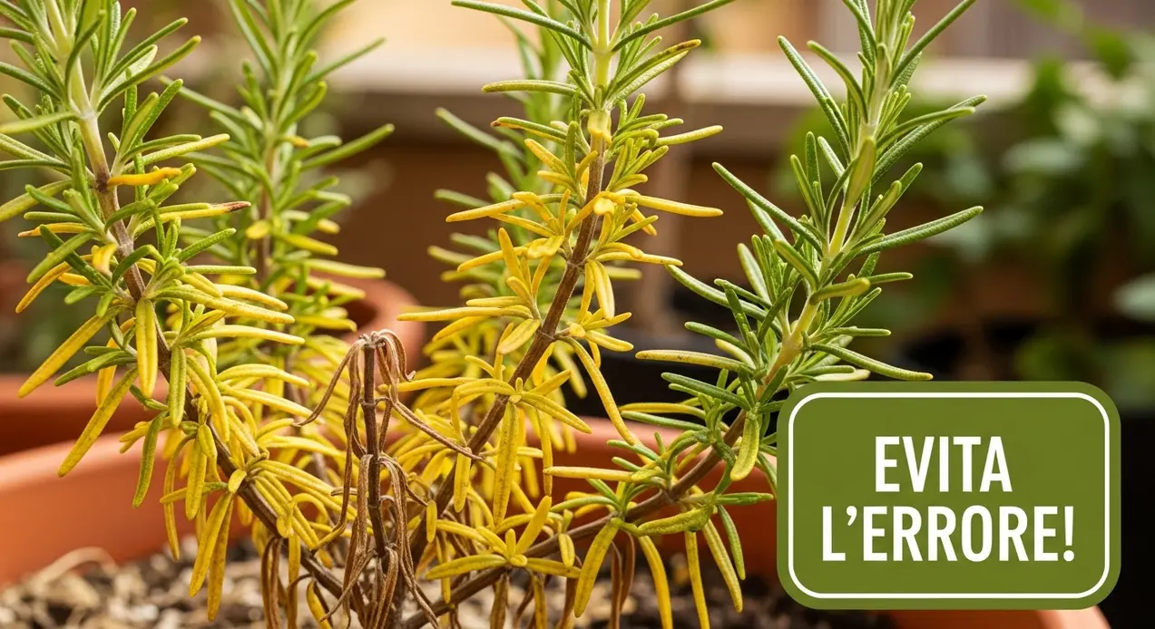 Pianta di rosmarino con foglie ingiallite in un vaso