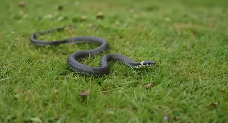 Un serpente nero su un prato verde in un giardino