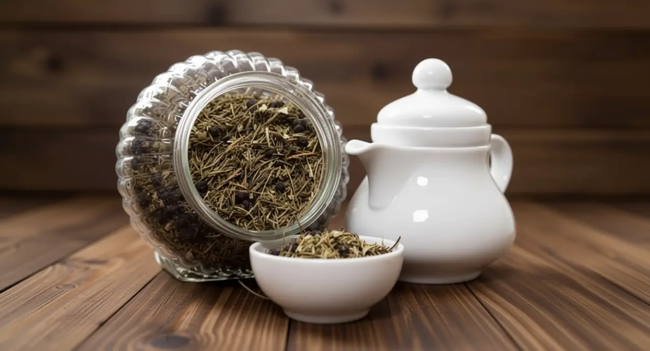 Barattolo di tisana secca con teiera bianca e ciotola su tavolo in legno