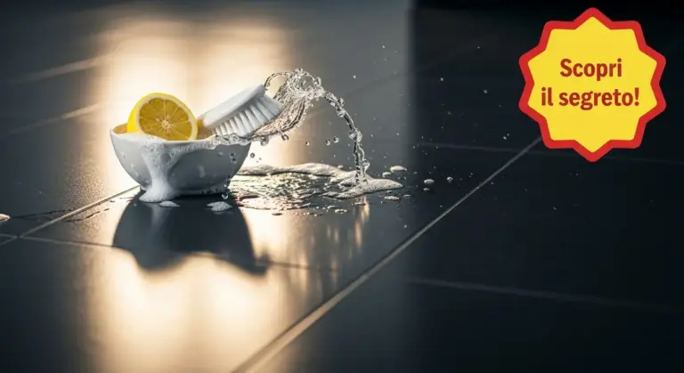 Ciotola con limone, spazzola e schiuma su pavimento scuro pulito