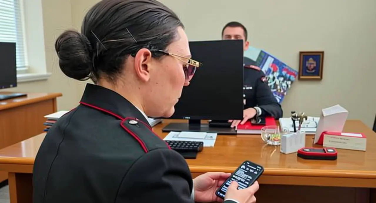 Due persone in divisa siedono in ufficio, una controlla uno smartphone.